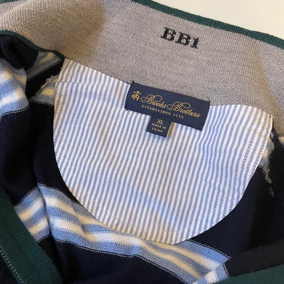 BROOKS BROTHERS 100% Merino Wool Half-zip Navy Stripes Sweater XL Classic Club - Picture 8 of 14